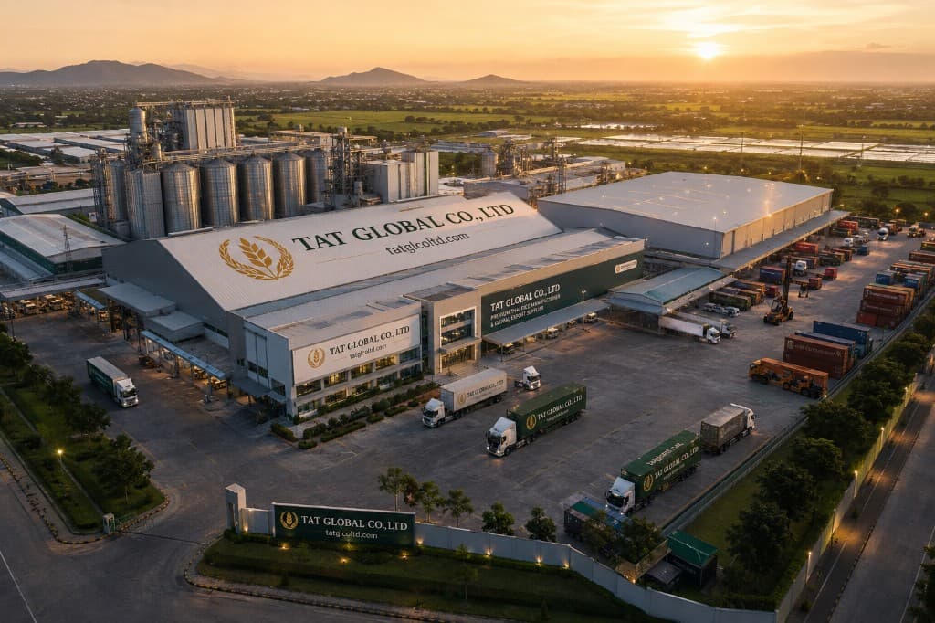 Aerial view of TAT Global rice manufacturing and export facility at sunset