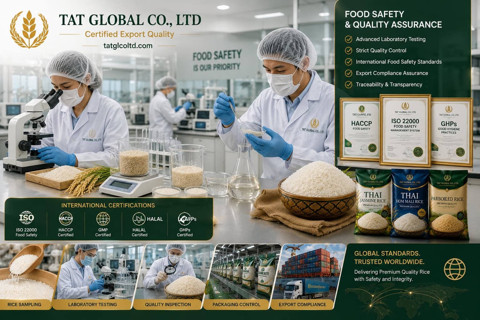 TAT Global food safety and quality assurance laboratory with ISO, HACCP, GMP, Halal, and export compliance certifications