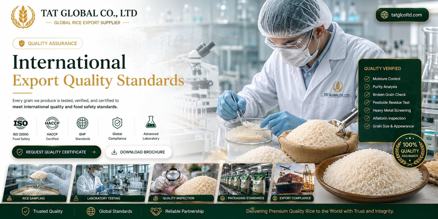 TAT Global international export quality standards, laboratory inspection, certifications, and premium Thai rice
